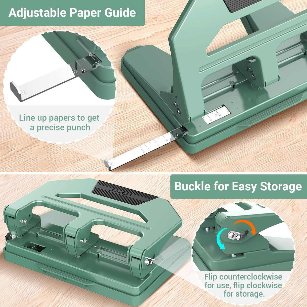 AFMAT Heavy Duty 3 Hole Puncher, 50-Sheet Paper Punch Heavy Duty, 50% Reduced Effort Three Hole Punch, 10K+ Uses, Metal Hole Puncher 3 Ring w/Large Tray, Bulit-in S.S. Paper Guide HPX4GN
