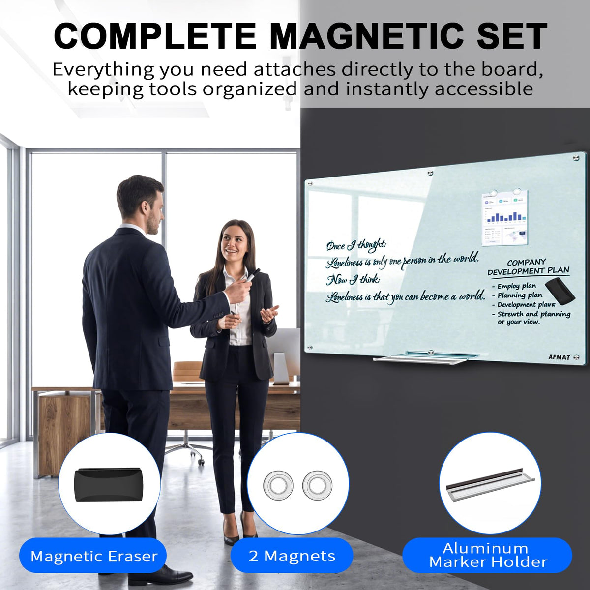 AFMAT Magnetic Glass Whiteboard, 96