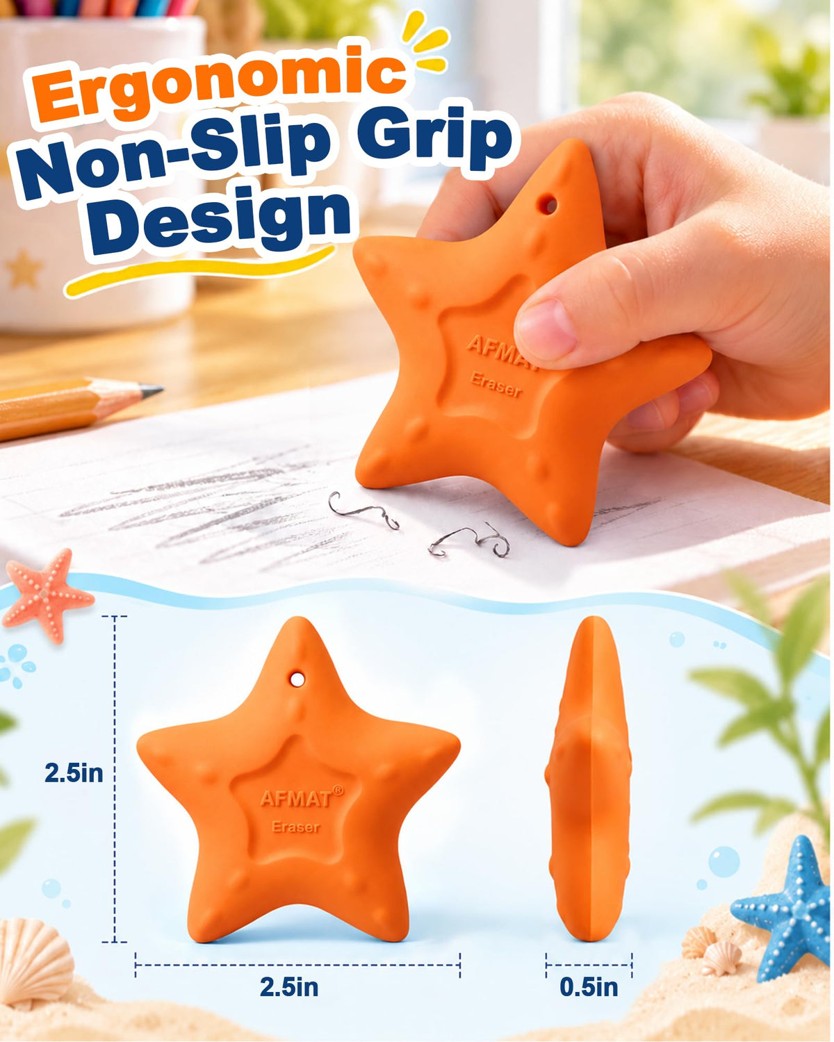 AFMAT PE08 Erasers for Kids, Hipolymer TPE Pencil Eraser, Latex-Free, 5 Pcs