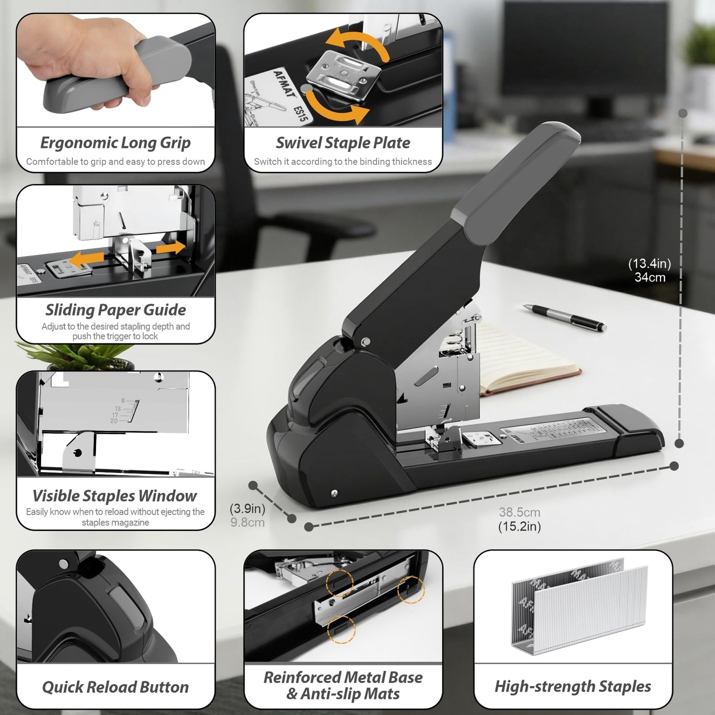 AFMAT Heavy Duty Stapler, 210 Sheet Effortless Stapler for Desk, 60% Reduced Effort, Jam Free, 50,000+ Uses, Adjustable Paper Depth, Metal Office Desktop Staplers, Includes 7000Pcs Staples, ES15GY