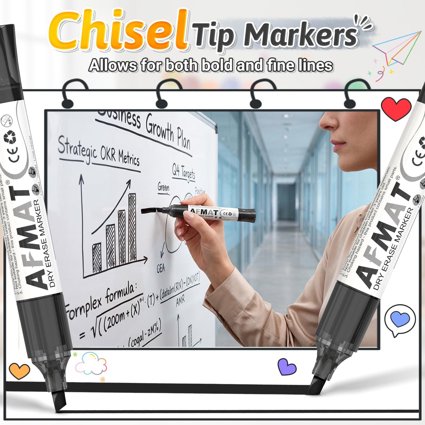 AFMAT Dry Erase Markers, 12-Count Black Whiteboard Markers, Chisel Tip, High-Capacity Liquid Ink for 1,100 Meters Writing Length, w/Visible Ink Level, Low Odor Erasable for Teacher Office Classroom,DB10X7
