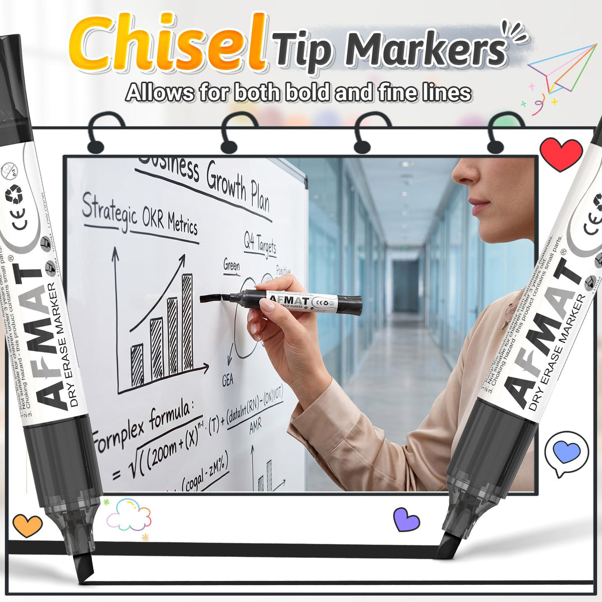 AFMAT 12-Count Black Whiteboard Dry Erase Markers, Chisel Tip, High-Capacity Liquid Ink for 1,100 Meters Writing Length, w/Visible Ink Level, Low Odor Erasable for Teacher Office Classroom,DB10X7
