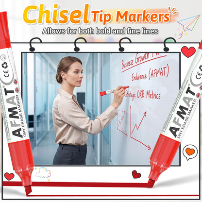 AFMAT Dry Erase Markers, 12-Count Red Whiteboard Markers, Chisel Tip, High-Capacity Liquid Ink for 1,100 Meters Writing Length, w/Visible Ink Level, Low Odor Erasable for Teacher Office Classroom,DB10X4