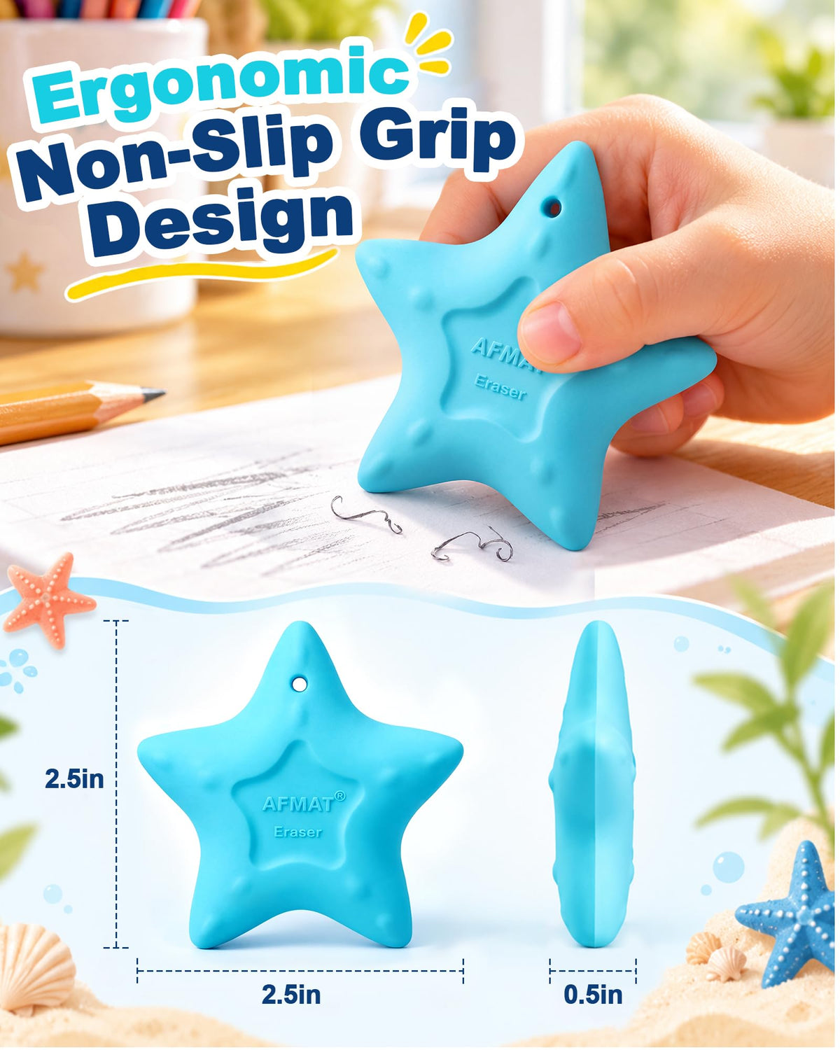 AFMAT PE13 Erasers for Kids, Hipolymer TPE Pencil Eraser, Latex-Free, 5 Pcs