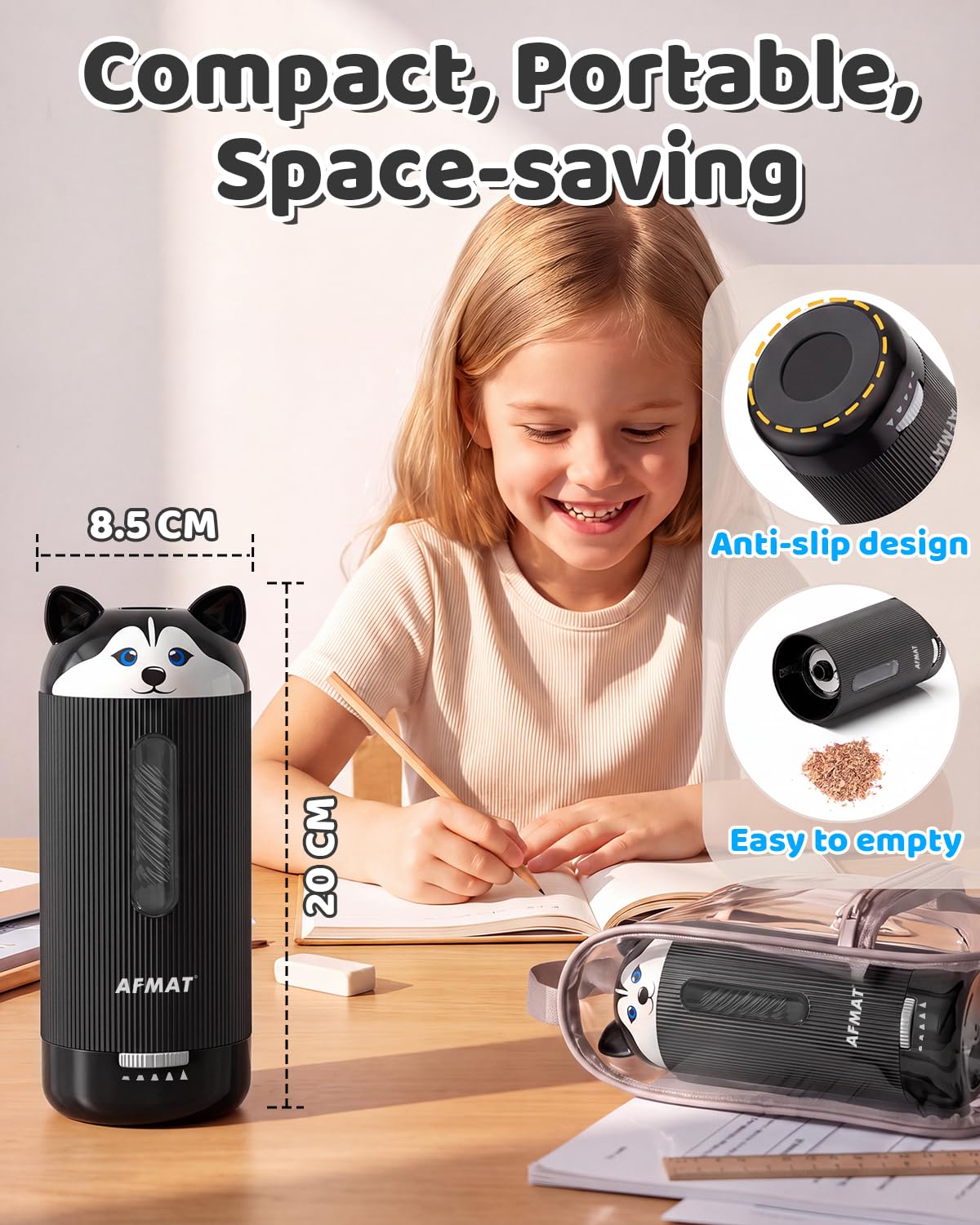AFMAT Electric Pencil Sharpener, Auto in & Out, 5 Nibs, 7K+ Uses, Fully Automatic Classroom Pencil Sharpener, Rechargeable Hands-Free Sharpeners for Jumbo/Colored Pencils (φ6.5-12mm) PSJ1