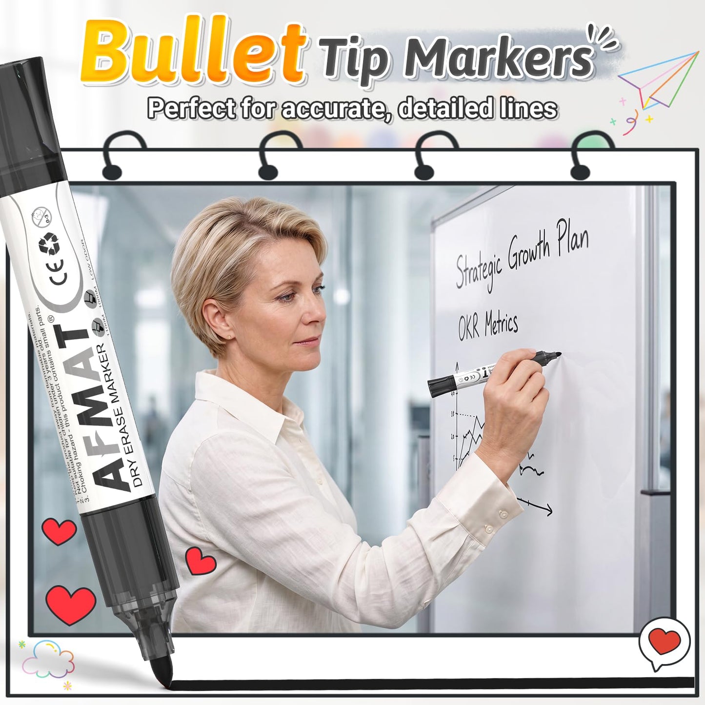 AFMAT 12 Bullet Tip Whiteboard Markers,Black DB10Y7