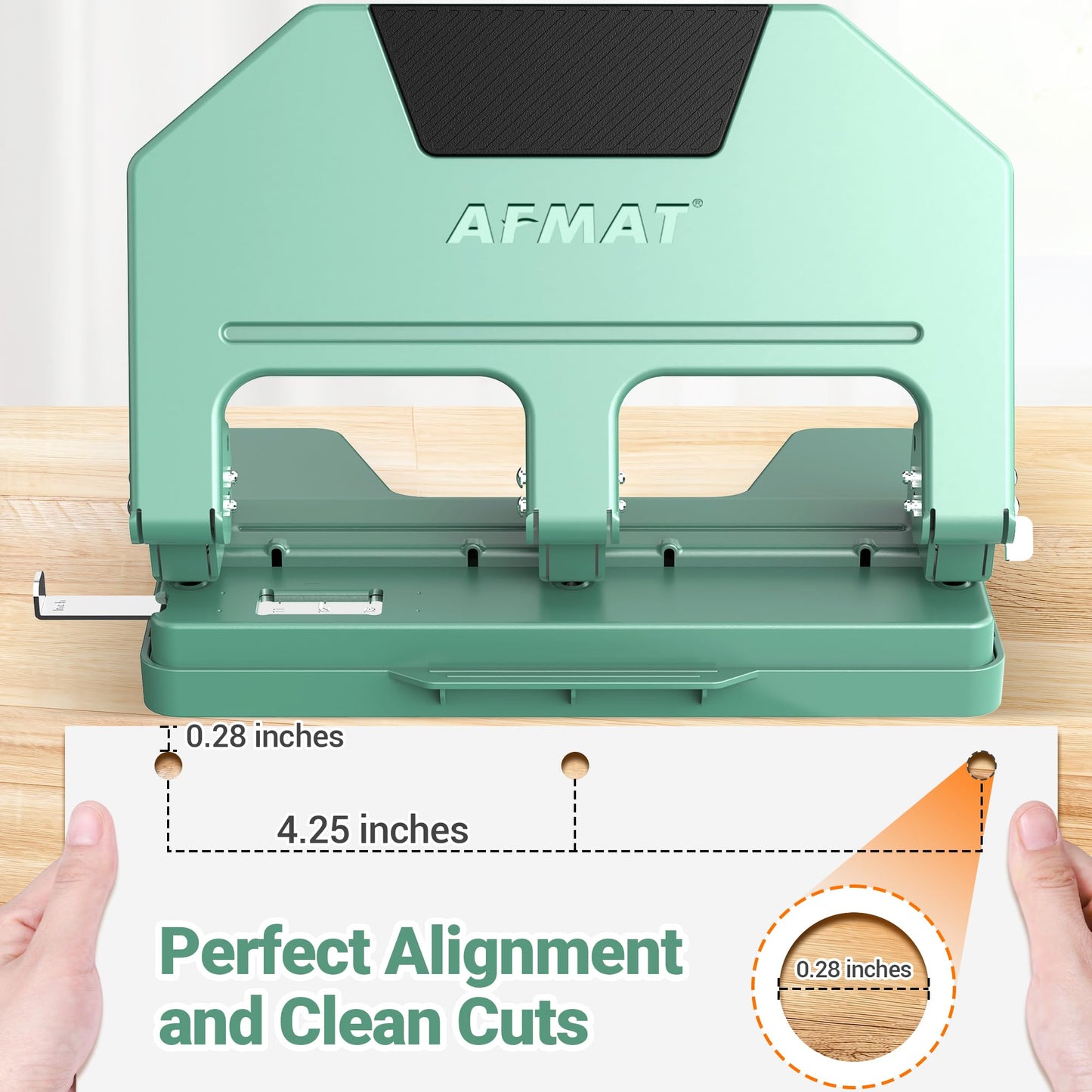 AFMAT 3 Hole Punch Heavy Duty, 9/32" Hole Diameter, 50-Sheet 3 Hole Puncher for Binder, 50% Reduced Effort, Metal Three Hole Punch w/ 10,000+ Uses, Bulit-in S.S. Paper Guide, Large Chip Tray, HPX5GN