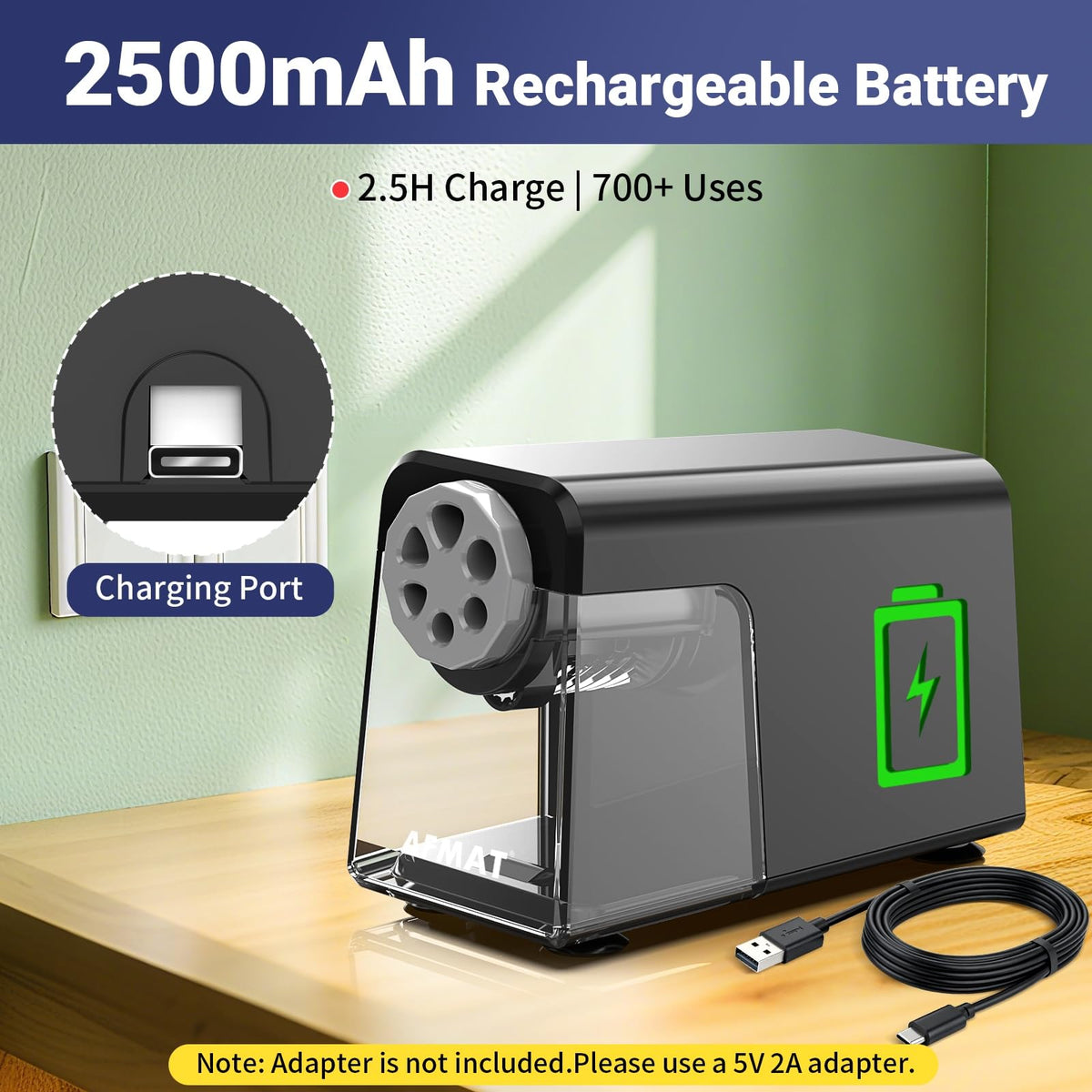 AFMAT PSD1 Rechargeable 6-Hole Electric Pencil Sharpener Heavy Duty, Auto Stop Classroom Pencil Sharpener for 6-11mm Pencils, 10,000+ Sharpenings
