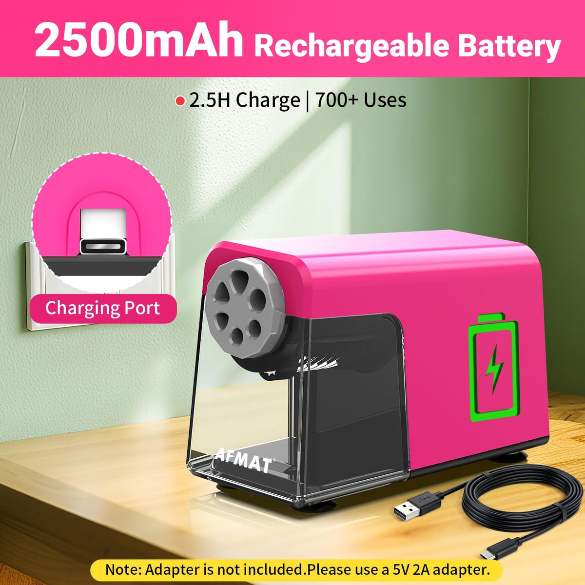 AFMAT PSD1 Rechargeable 6-Hole Electric Pencil Sharpener Heavy Duty, Auto Stop Classroom Pencil Sharpener for 6-11mm Pencils, 10,000+ Sharpenings