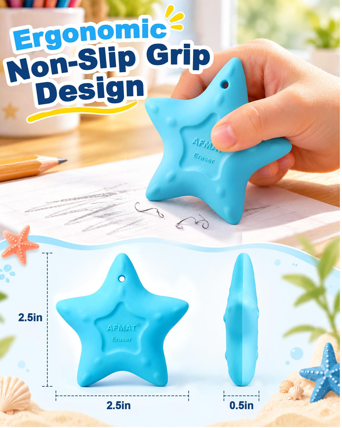 AFMAT PE07 Erasers for Kids, Hipolymer TPE Pencil Eraser, Latex-Free, 5 Pcs