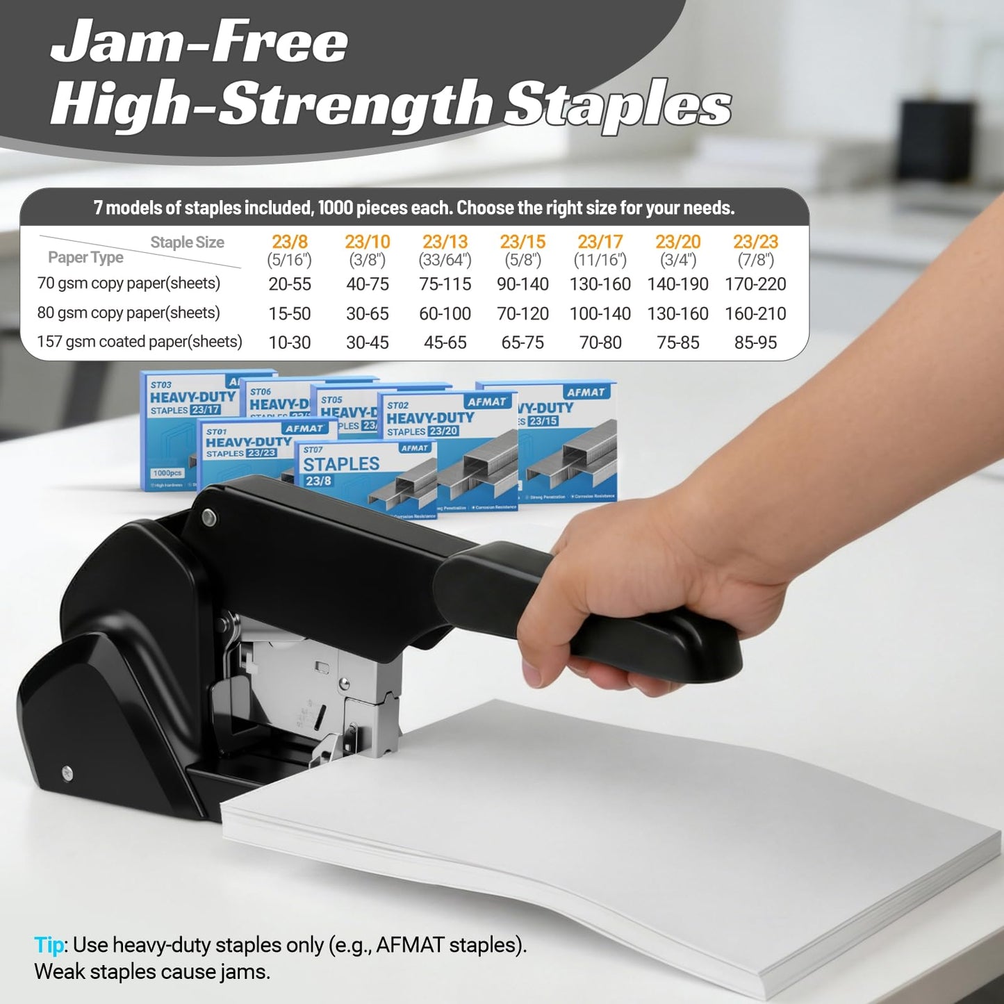 AFMAT Heavy Duty Stapler, 210 Sheet Staplers for Desk with 7000 Staples, Jam-Free, 50000+ Uses, 60% Reduced Effort, Easy Reload, Adjustable Paper Guide, Large Metal Manual Office Staplers, ES15BK