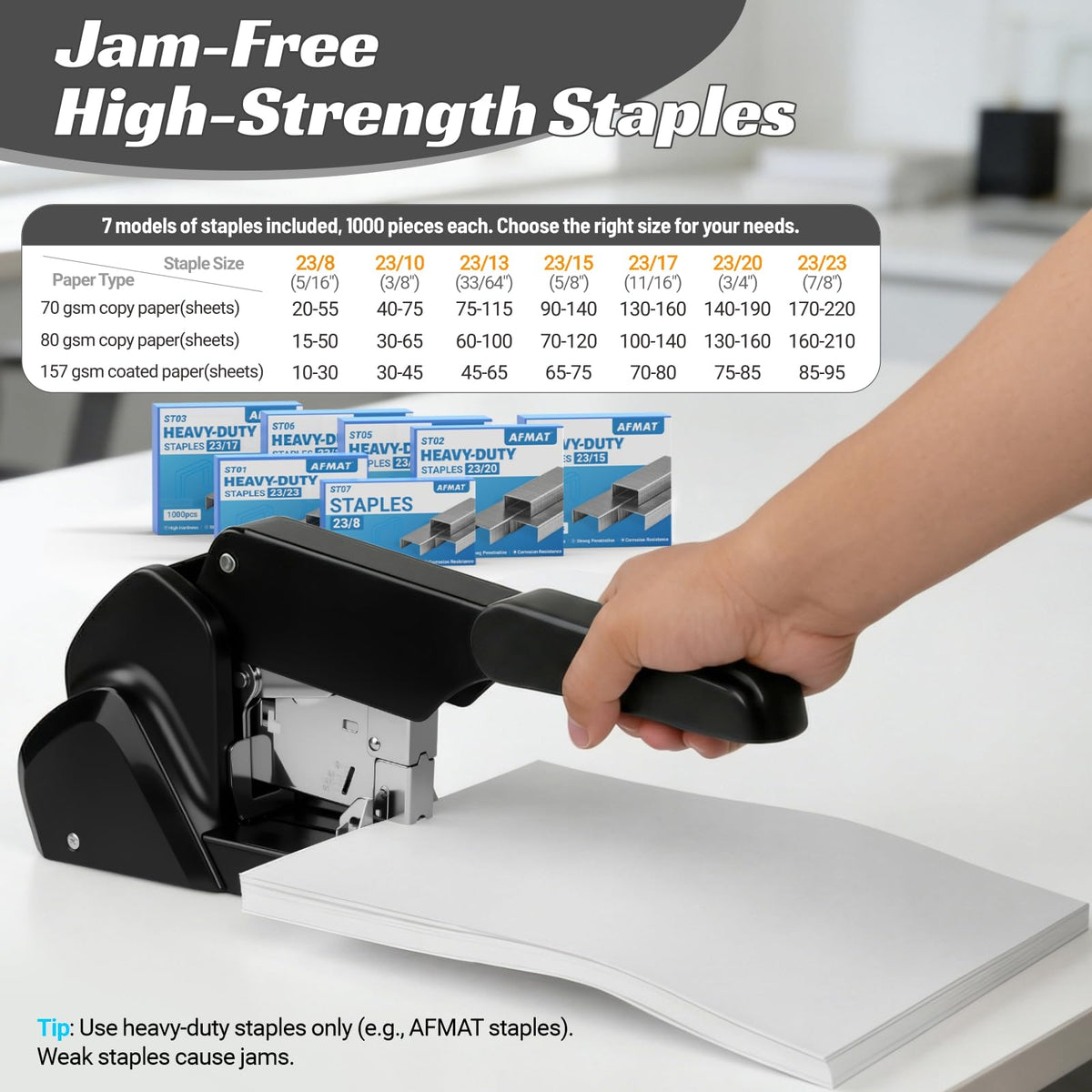 AFMAT Heavy Duty Stapler, 210 Sheet Staplers for Desk with 7000 Staples, Jam-Free, 50000+ Uses, 60% Reduced Effort, Easy Reload, Adjustable Paper Guide, Large Metal Manual Office Staplers, ES15BK