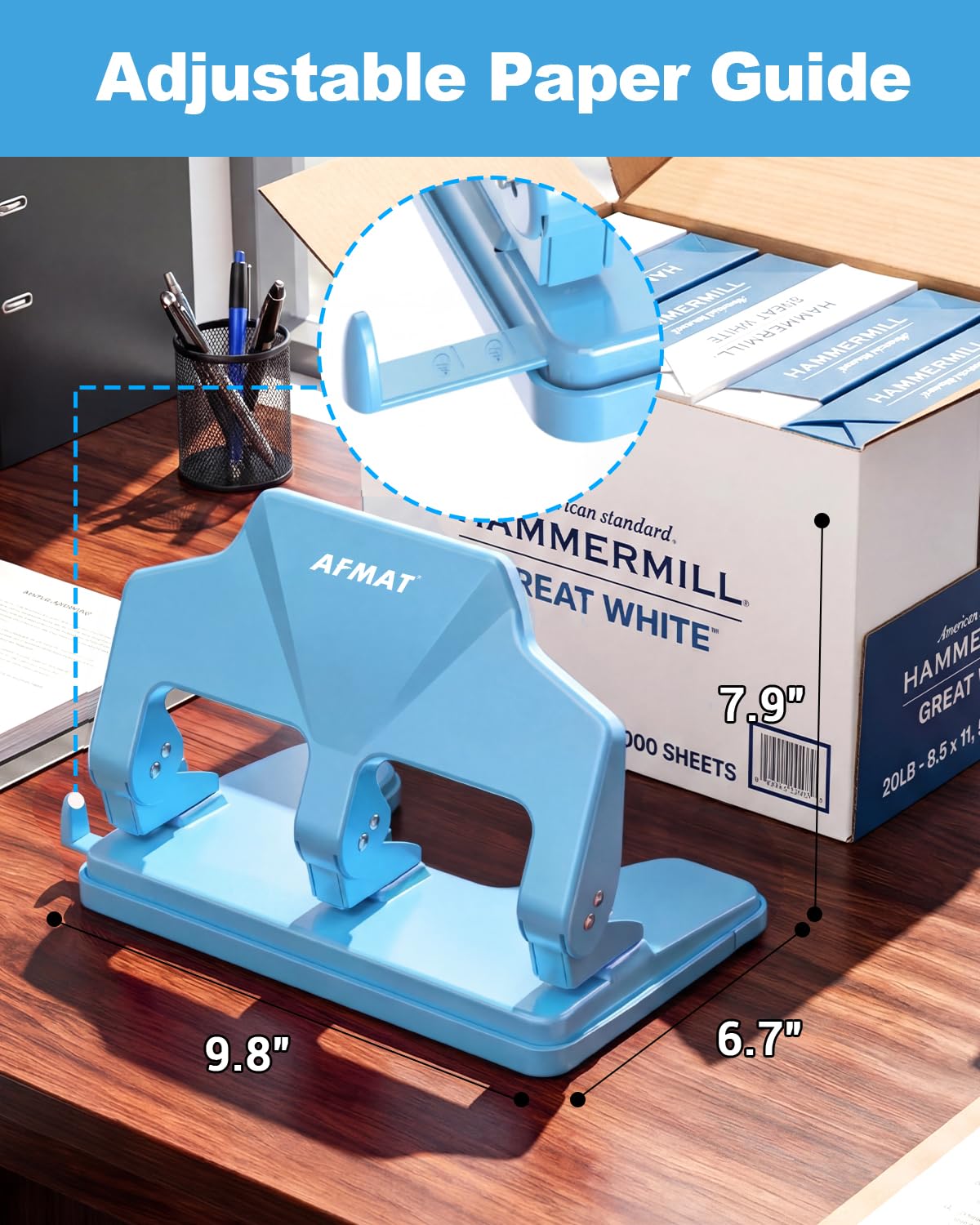 AFMAT 3-Loch-Stanzer, robust, 40-Blatt-Dreilocher, 50 % weniger Kraftaufwand, Metall-Papierstanzer mit großem Chipfach, Modell: HP14 (Schwarz)