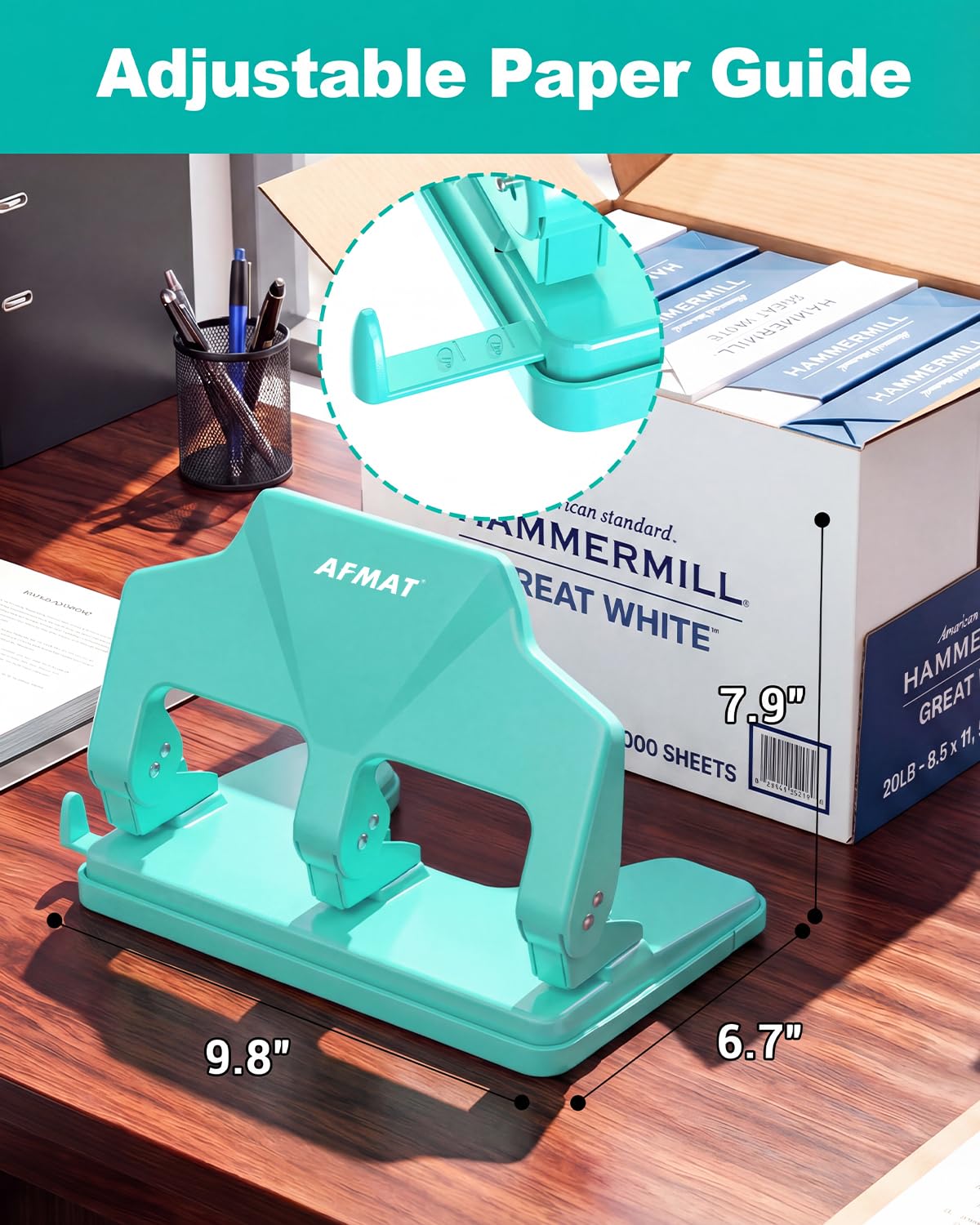 AFMAT 3-Loch-Stanzer, robust, 40-Blatt-Dreilocher, 50 % weniger Kraftaufwand, Metall-Papierstanzer mit großem Chipfach, Modell: HP14 (Schwarz)