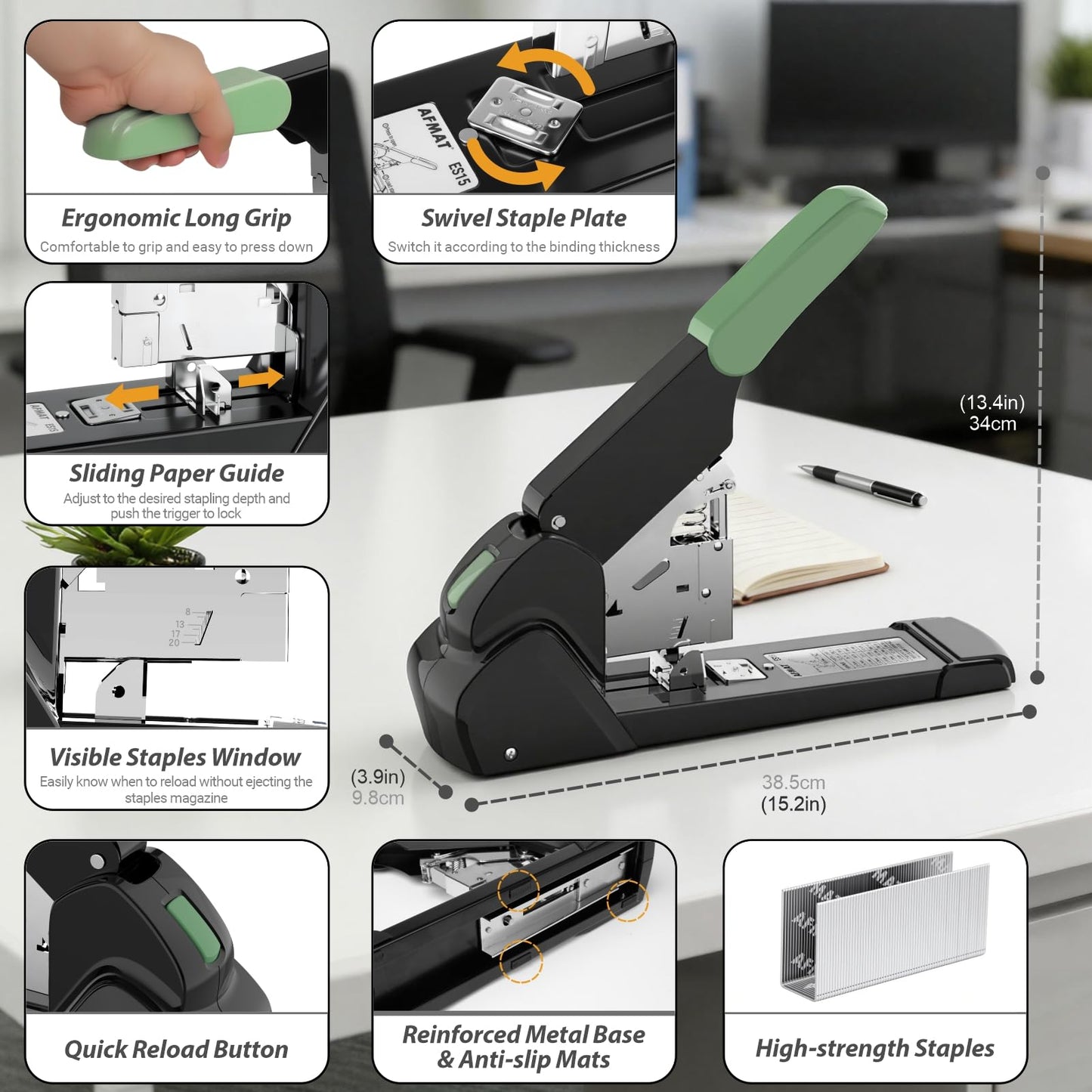 AFMAT Heavy Duty Stapler, 210 Sheet Effortless Stapler for Desk, 60% Reduced Effort, Jam Free, 50,000+ Uses, Adjustable Paper Depth, Metal Desktop Staplers for Office, Includes 7000Pcs Staples, ES15GN