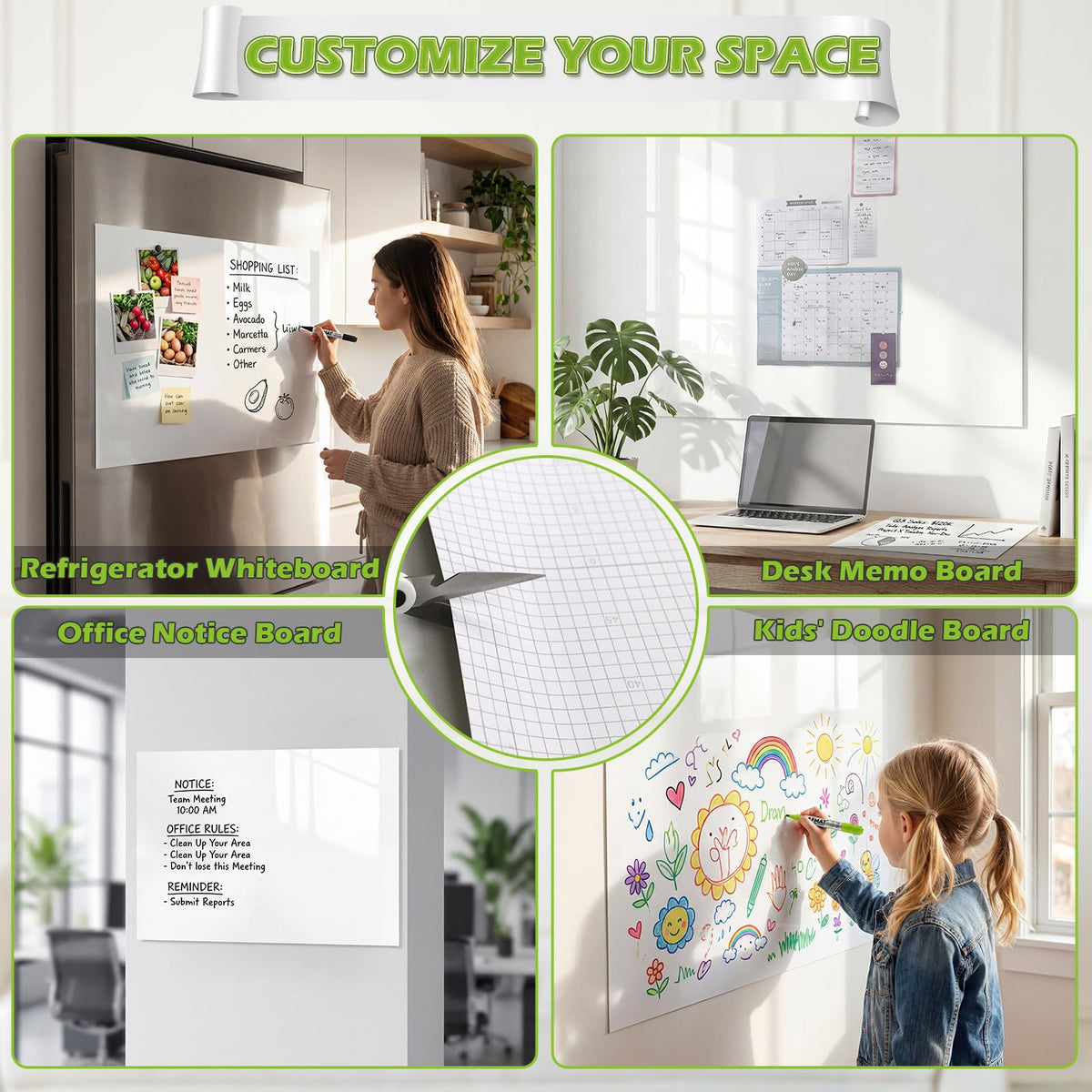 4x8ft White Board Paper Whiteboard Sticker for Wall, Super Sticky Dry Erase Wallpaper with 20 Markers, No Ghosting Whiteboard Paper for Home Office Classroom,WS48C