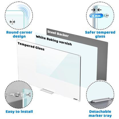 AFMAT Magnetic Glass Dry Erase Board, 72" x 48" Glass Wall Mounted Whiteboard, GB04WH3