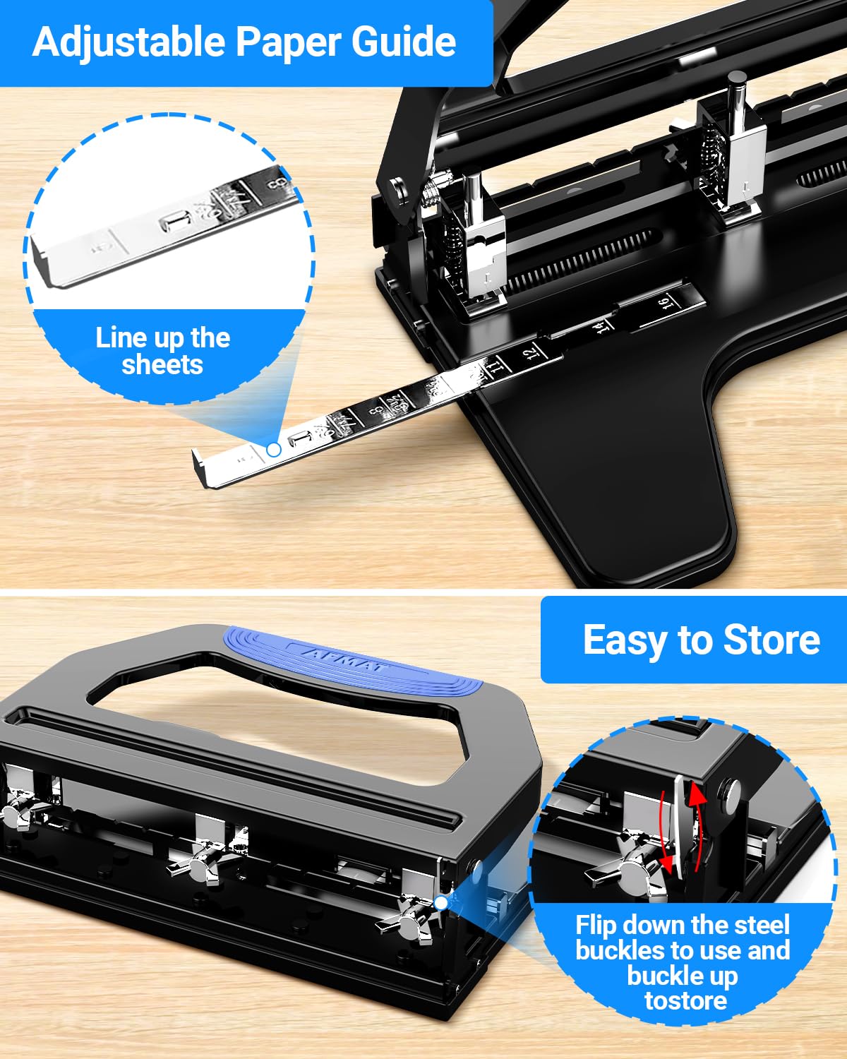 AFMAT Hochleistungs-3-Loch-Locher, 50 Blatt, 50 % weniger Kraftaufwand, verstellbarer Zwei- und Dreiloch-Locher, Modell: HP18 (Schwarz)