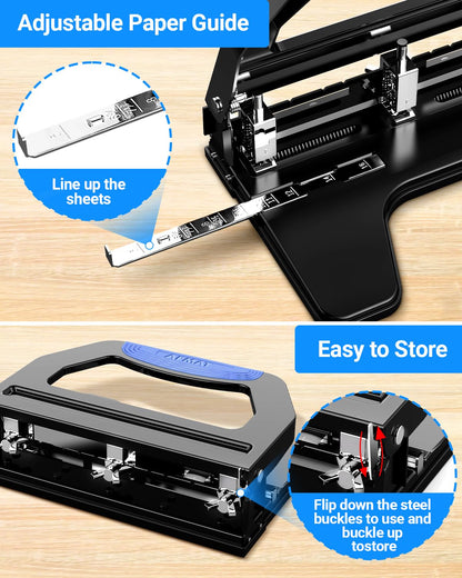 AFMAT 3 Hole Punch Heavy Duty, 9/32" Holes, 50-Sheet Hole Puncher 3 Ring, 50% Reduced Effort, Adjustable Two & Three Hole Punch, Metal Paper Puncher w/Large Chip Tray, Metal Paper Guide, HP18BE