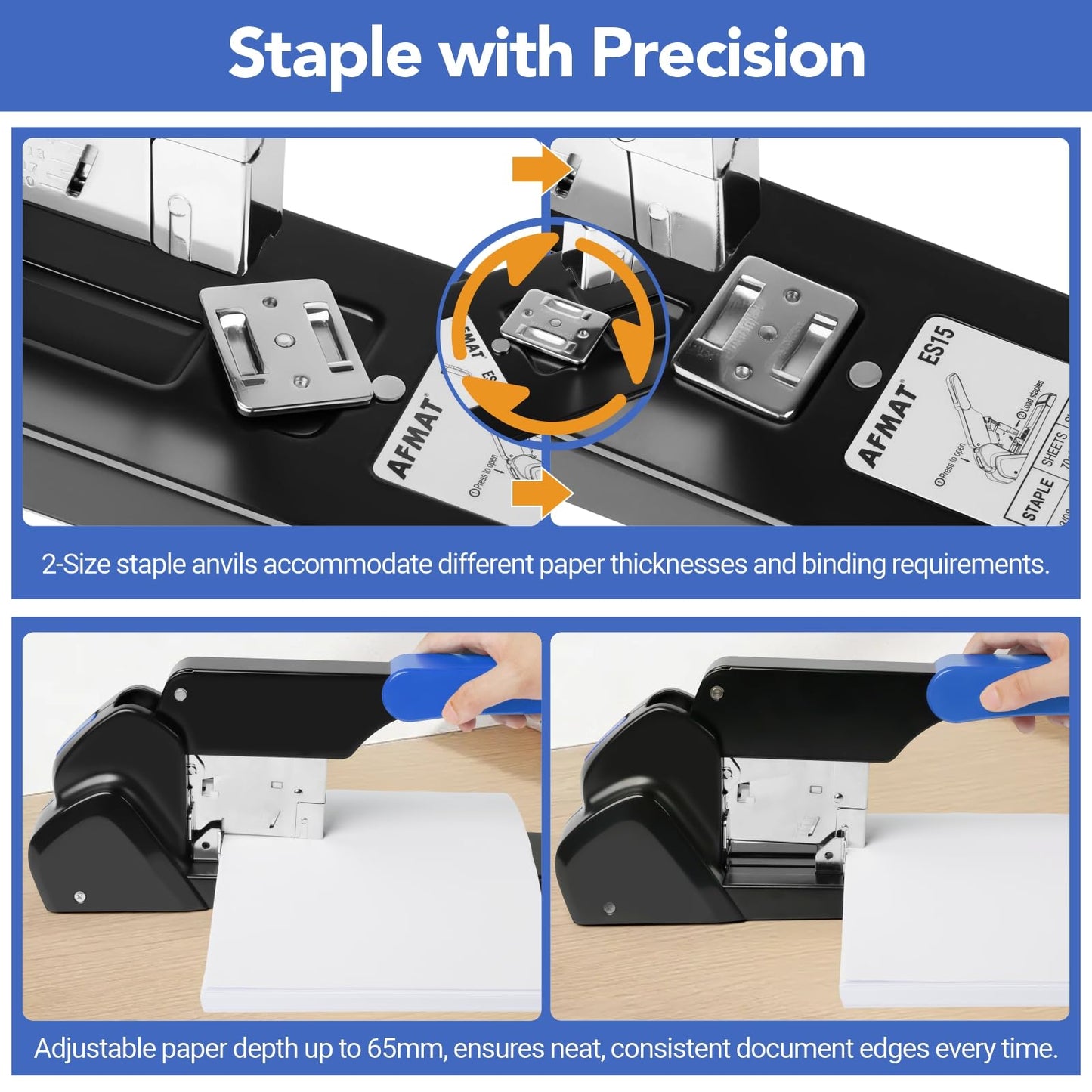 AFMAT Heavy Duty Stapler, 220 Sheets Capacity Stapler for Classroom, 60% Reduced Effort, Jam Free, Adjustable Paper Depth, Metal Desk Office Staplers w/ 50,000+ Uses, Includes 7000Pcs Staples, ES15BL