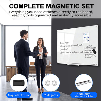 AFMAT Magnetic Glass Whiteboard, 48" x 36" Glass Dry Erase Board, 4mm Tempered Glass w/Strong Magnetic Surface, Large White Board for Wall, Frameless Wall Mounted Black Board for Office Home School,GB04BK1