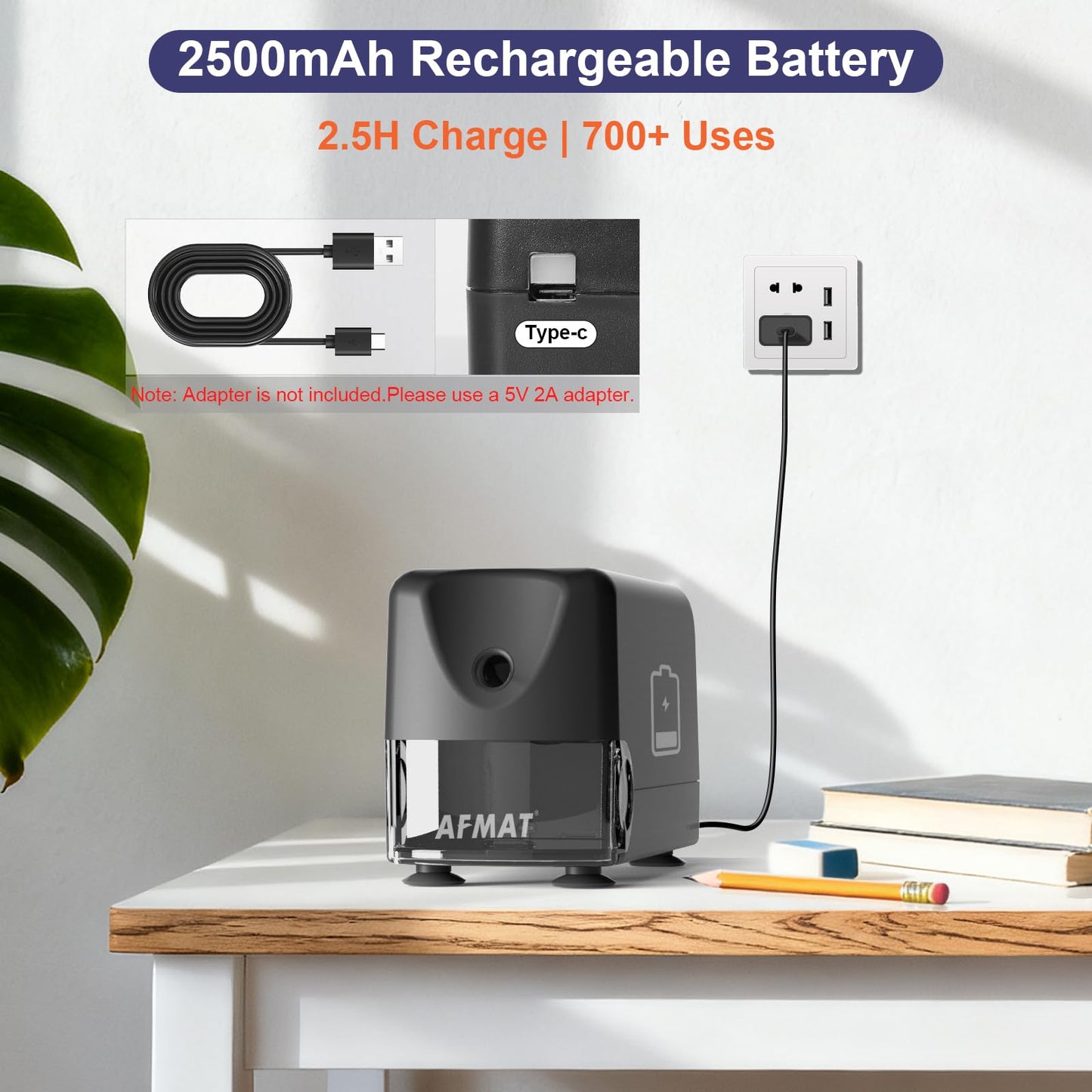 Disponibile in Italia：AFMAT PSD3 AFMAT Temperamatite elettrico ad alte prestazioni, auto-stop ricaricabile con contenitore per penne da 6 a 11 mm, punta rapida in 2 secondi, 10.000 punte