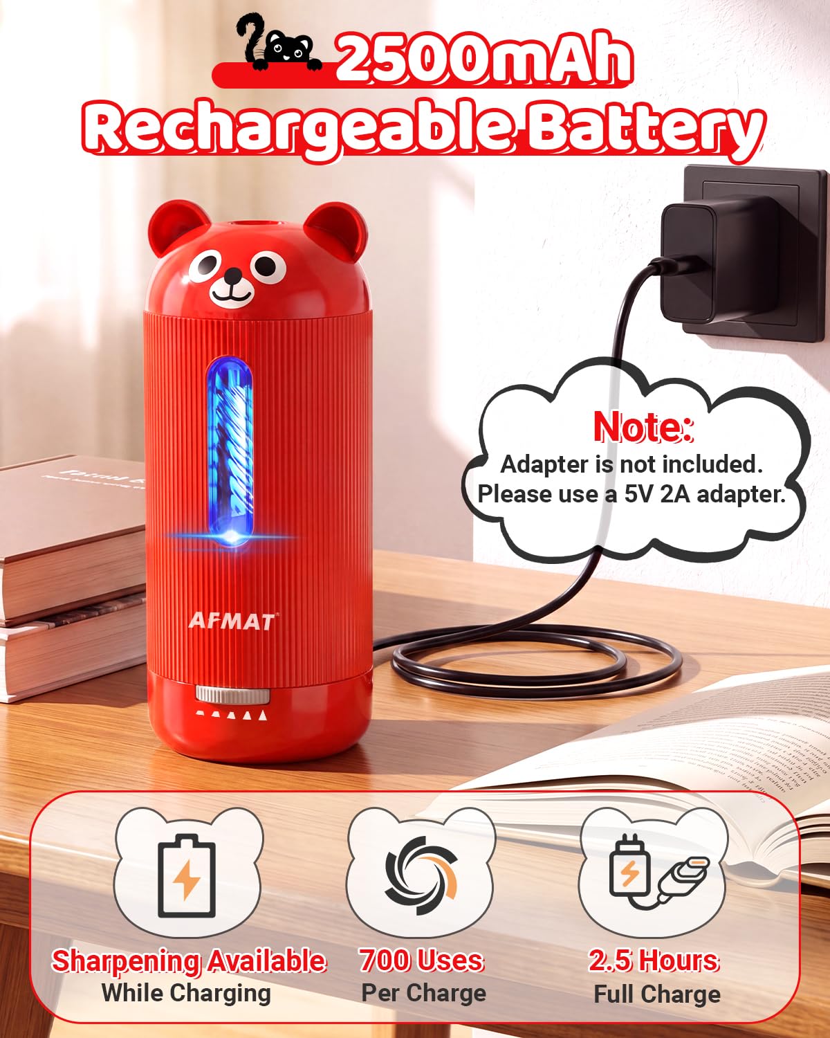 AFMAT Electric Pencil Sharpener, Fully Automatic, for 6.5-12mm Pencils Rechargeable & Cordless, Auto in & Out, 5 Nibs, 7K+ Uses, Replaceable Blade, Cute Sharpener for Classroom/Home/Office