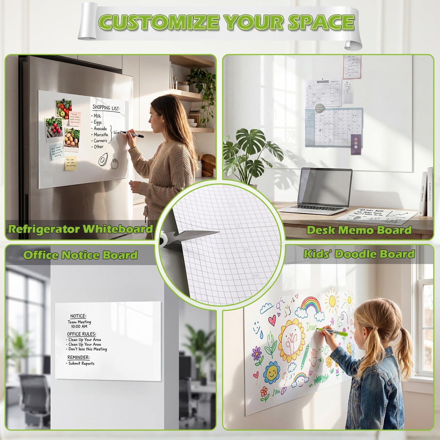 AFMAT 2 Pack Whiteboard Sticker for Wall, 48" x 36" White Boardpaper, Upgrade PET Dry Erase Wallpaper with 6 Markers, Super Sticky & No Ghost, Peel and Stick Dry Erase Board for Home Office Classroom,WS23Q2