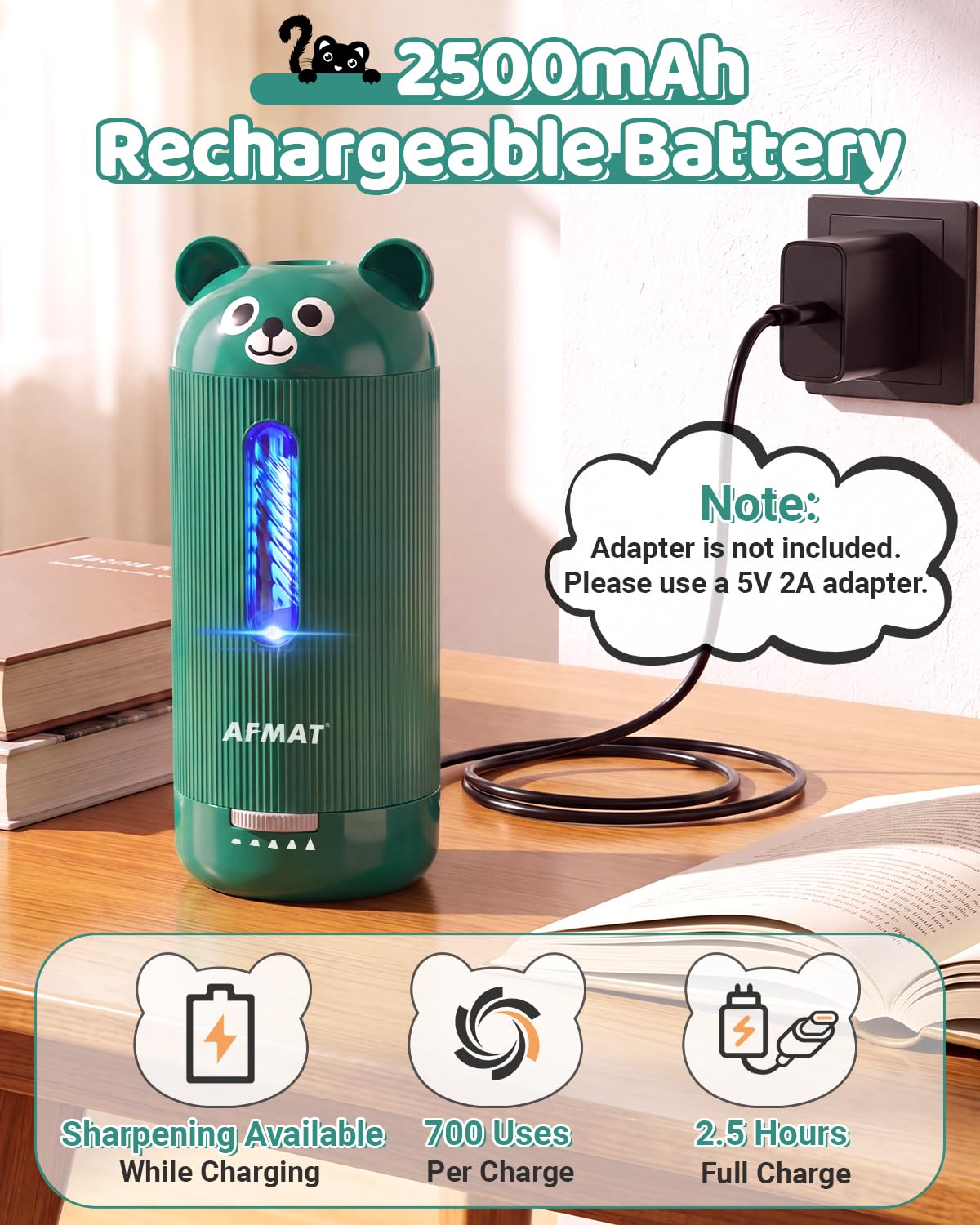 AFMAT Electric Pencil Sharpener, Fully Automatic, for 6.5-12mm Pencils Rechargeable & Cordless, Auto in & Out, 5 Nibs, 7K+ Uses, Replaceable Blade, Cute Sharpener for Classroom/Home/Office
