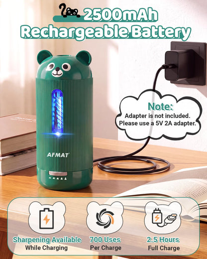 AFMAT Electric Pencil Sharpener, Fully Automatic, for 6.5-12mm Pencils Rechargeable & Cordless, Auto in & Out, 5 Nibs, 7K+ Uses, Replaceable Blade, Cute Sharpener for Classroom/Home/Office