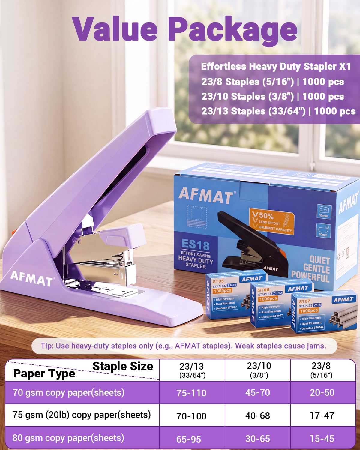 AFMAT ES18 Heavy Duty Stapler, 100-Sheet Effortless Desktop Stapler, ES18PR