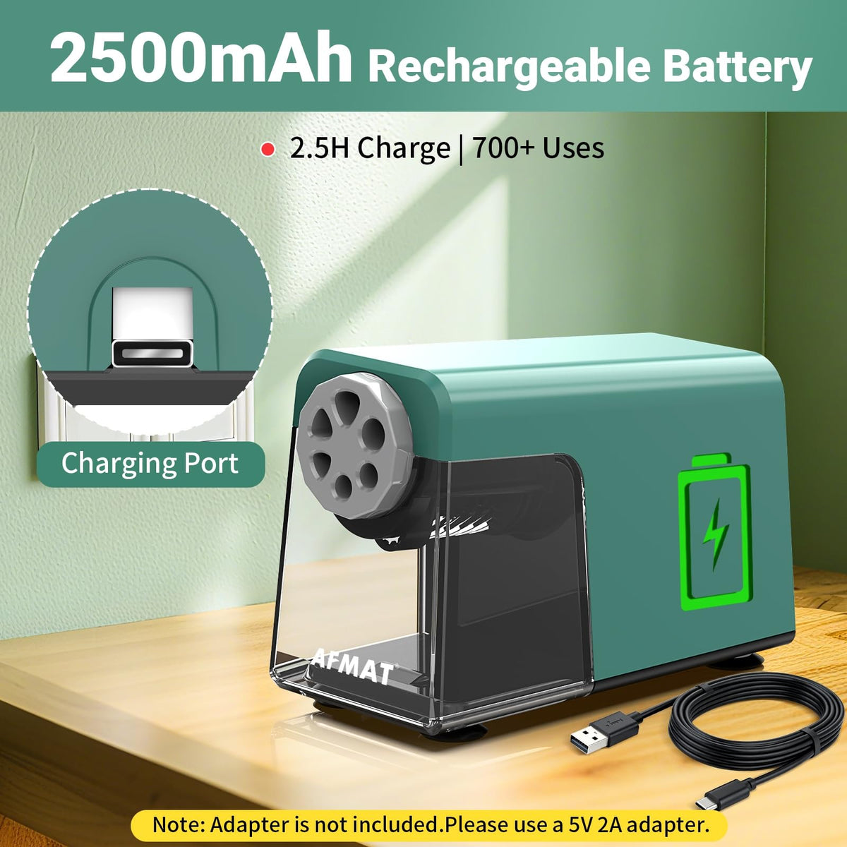 AFMAT PSD1 Rechargeable 6-Hole Electric Pencil Sharpener Heavy Duty, Auto Stop Classroom Pencil Sharpener for 6-11mm Pencils, 10,000+ Sharpenings