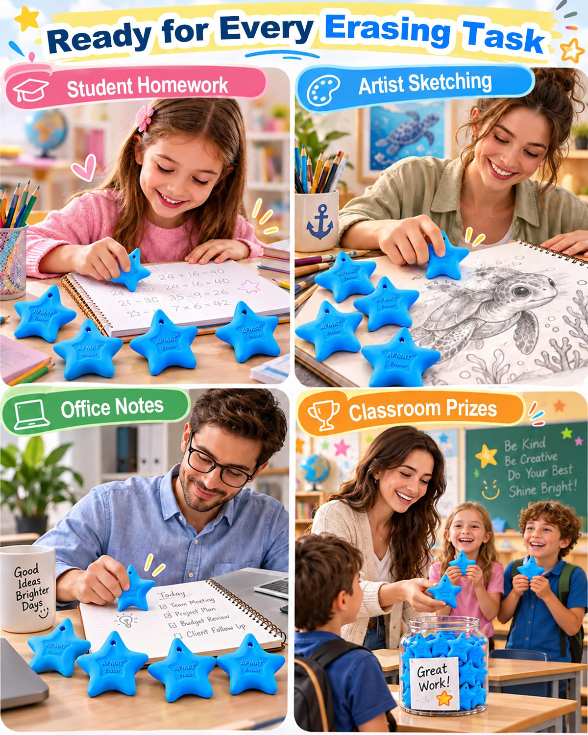 AFMAT PE03 Erasers for Kids, Latex-Free, Self-Clumping Shavings, 5 Pcs