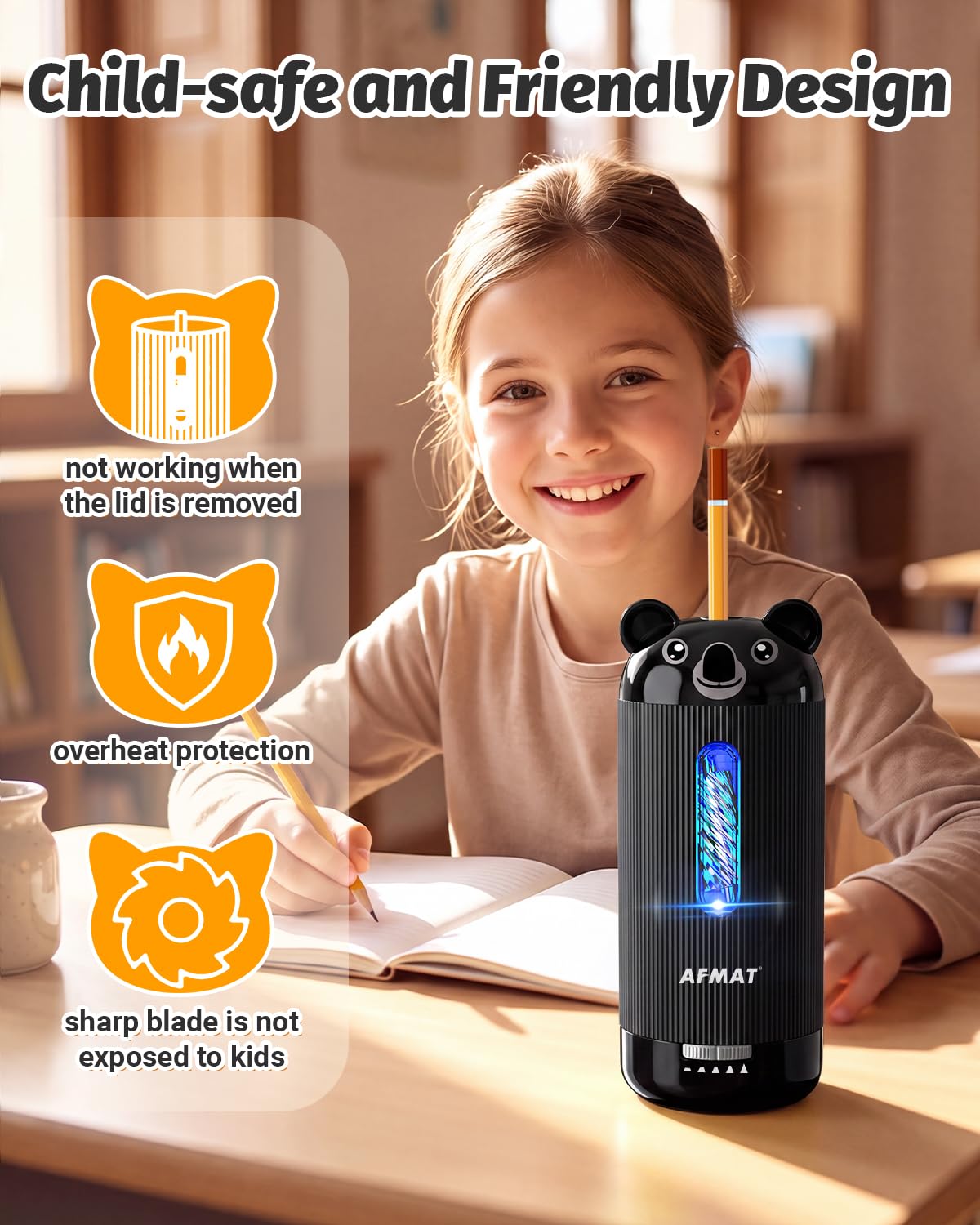AFMAT Fully Automatic Electric Pencil Sharpener, for 6.5-12mm Pencils Rechargeable & Cordless, Auto in & Out, 5 Nibs, 7K+ Uses, Replaceable Blade, Cute Sharpener for Classroom/Home/Office, PSY4