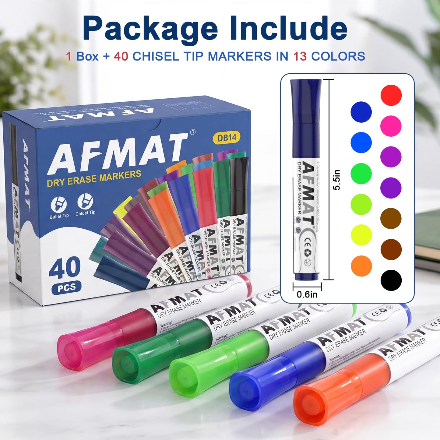 AFMAT Dry Erase Markers, Liquid Chisel Tip Whiteboard Markers with Visible Ink Window, Low Odor & Non-Toxic, 3X Large Capacity, No Residue for White Board, Classroom, Office, Home, 13 Colors, 40 Pack,DB14X2