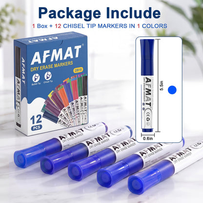AFMAT Dry Erase Markers, Liquid Chisel Tip Whiteboard Markers with Visible Ink Window, Low Odor & Non-Toxic, 3X Large Capacity, No Residue for White Board, Classroom, Office, Home, Bright Blue,12 Pack,DB10X6