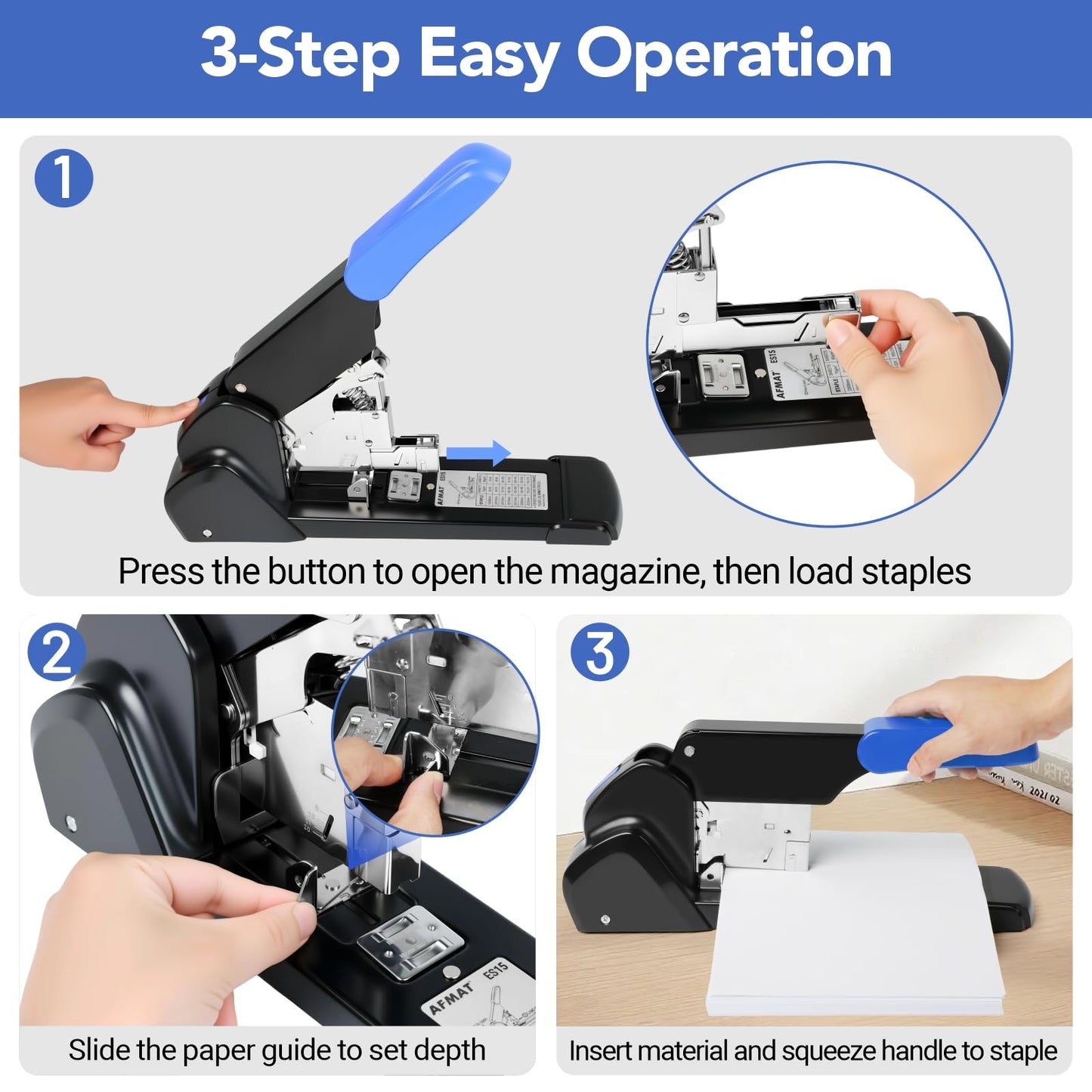 AFMAT Heavy Duty Stapler, 220 Sheets Capacity Stapler for Classroom, 60% Reduced Effort, Jam Free, Adjustable Paper Depth, Metal Desk Office Staplers w/ 50,000+ Uses, Includes 7000Pcs Staples, ES15BL