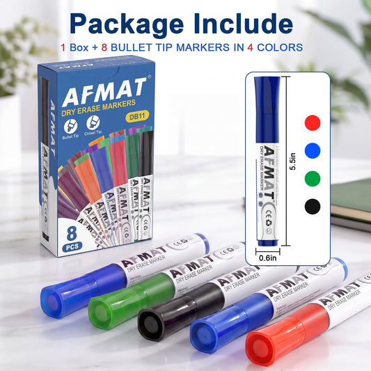 AFMAT Dry Erase Markers, Liquid Bullet Tip Whiteboard Markers with Visible Ink Window, Low Odor & Non-Toxic, 3X Large Capacity, No Residue for White Board, Classroom, Office, Home, 4 Colors, 8 Pack,DB11Y2