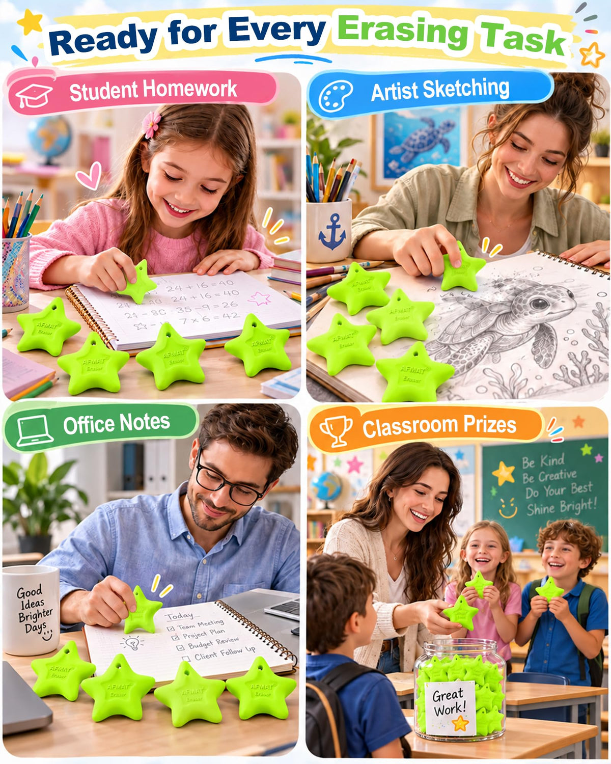 AFMAT PE05 Erasers for Kids, Latex-Free, Self-Clumping Shavings, 5 Pcs