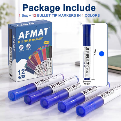 AFMAT Dry Erase Markers, Liquid Bullet Tip Whiteboard Markers with Visible Ink Window, Low Odor & Non-Toxic, 3X Large Capacity, No Residue for White Board, Classroom, Office, Home, Bright Blue,12 Pack,DB10Y6
