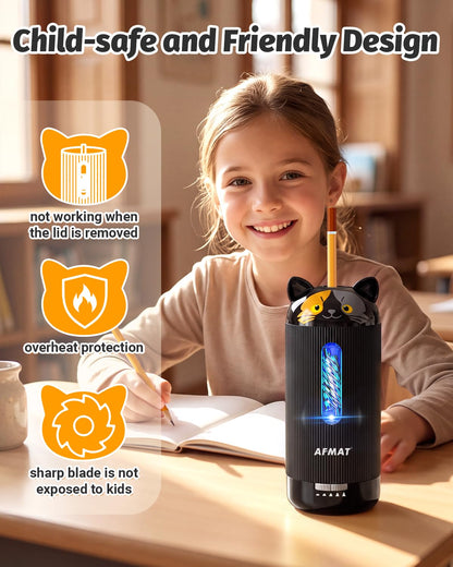 AFMAT Electric Pencil Sharpener, Fully Automatic, for 6.5-12mm Pencils Rechargeable & Cordless, Auto in & Out, 5 Nibs, 7K+ Uses, Replaceable Blade, Cute Sharpener for Classroom/Home/Office, PSJ5BK