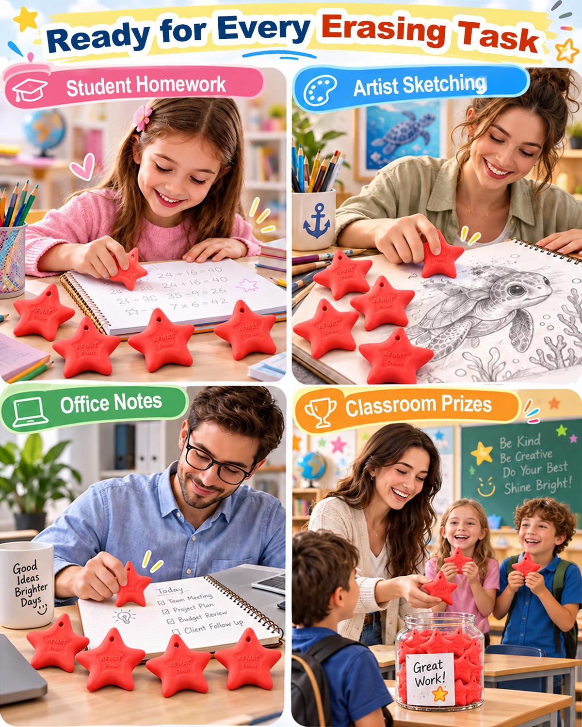 AFMAT PE02 Erasers for Kids, Latex-Free, Self-Clumping Shavings, 5 Pcs