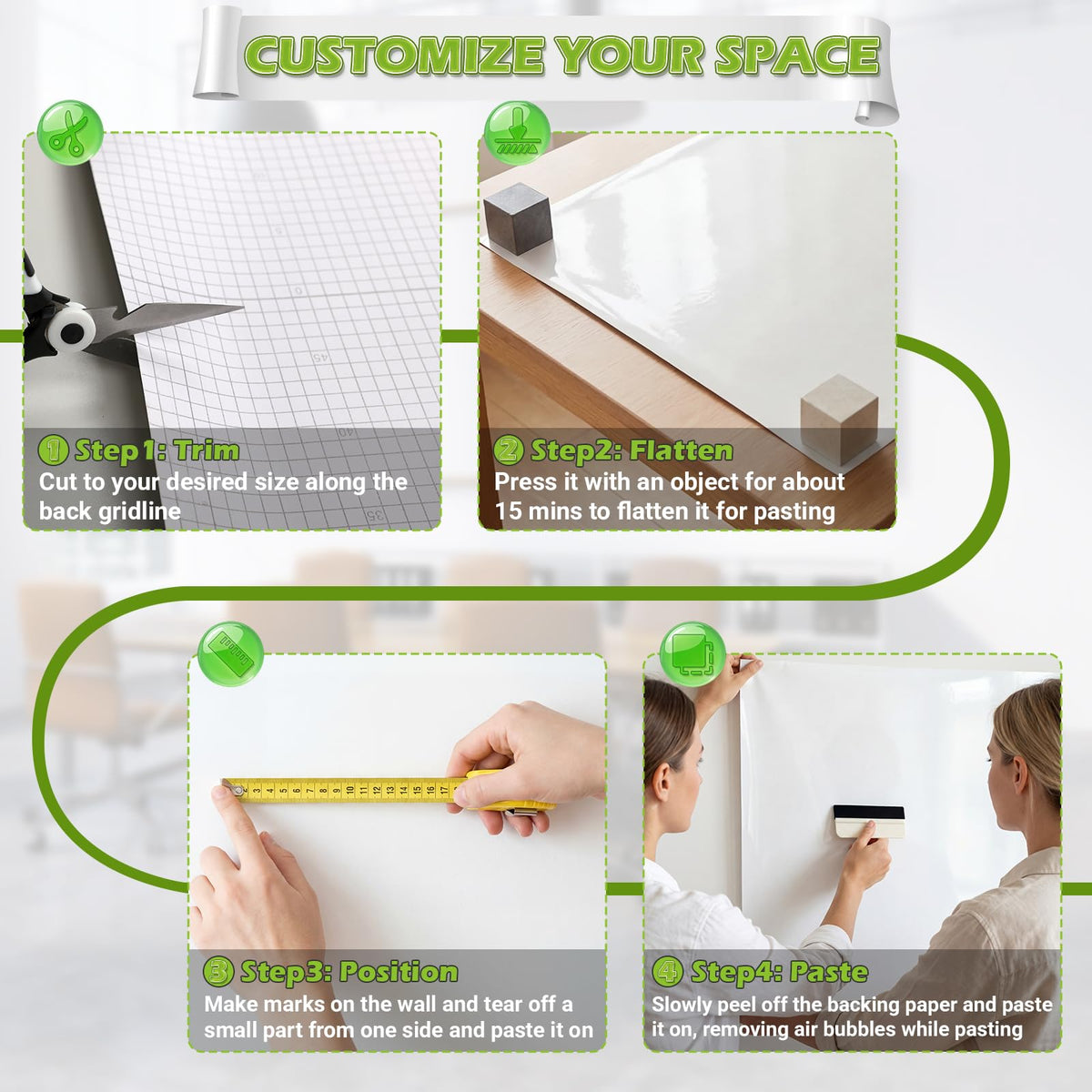 4x8ft White Board Paper Whiteboard Sticker for Wall, Super Sticky Dry Erase Wallpaper with 20 Markers, No Ghosting Whiteboard Paper for Home Office Classroom,WS48C