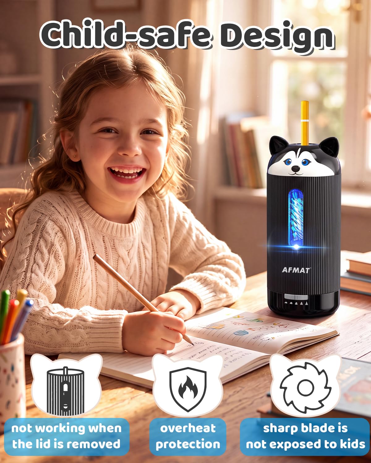 AFMAT Electric Pencil Sharpener, Auto in & Out, 5 Nibs, 7K+ Uses, Fully Automatic Classroom Pencil Sharpener, Rechargeable Hands-Free Sharpeners for Jumbo/Colored Pencils (φ6.5-12mm) PSJ1