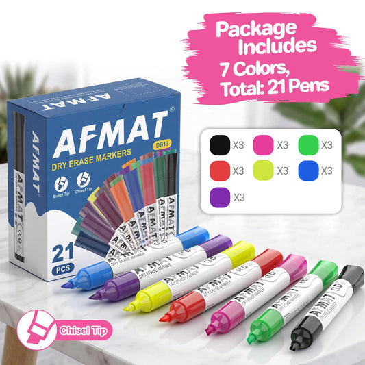 AFMAT Dry Erase Markers, 3x High Capacity, Liquid Chisel Tip Whiteboard Markers with Visible Ink Level, Low Odor Erasable Markers for Teachers, Classroom Essentials, Office Supplies[7 Colors, 21 Pack],DB13X2