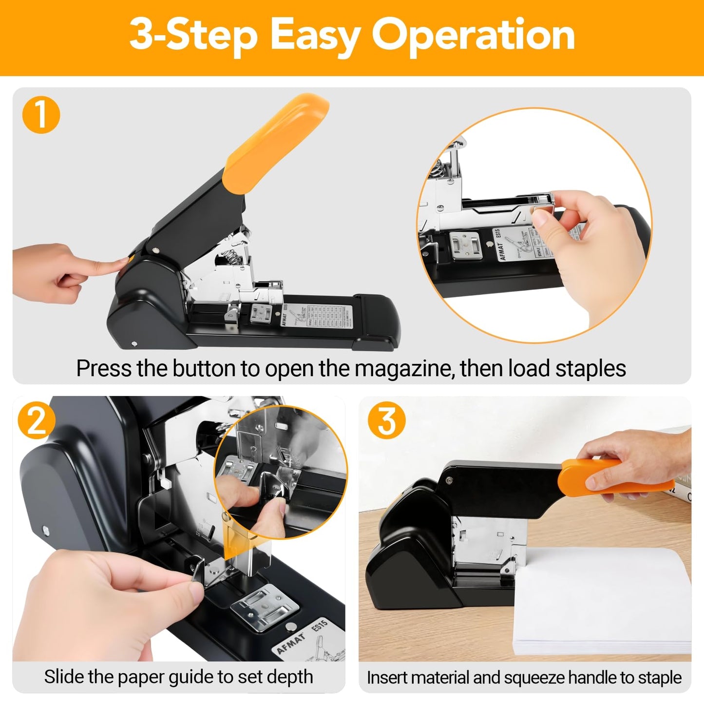AFMAT Heavy Duty Stapler, 220 Sheets Capacity Stapler for Classroom, 60% Reduced Effort, Jam Free, Adjustable Paper Depth, Metal Desk Office Staplers w/ 50,000+ Uses, Includes 7000Pcs Staples, ES15OR