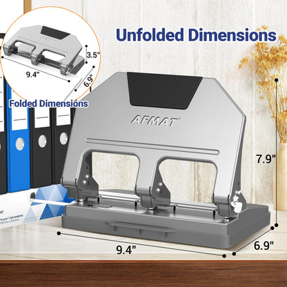 AFMAT 3 Hole Punch Heavy Duty, 9/32" Hole Diameter, 50-Sheet 3 Hole Puncher for Binder, 50% Reduced Effort, Metal Three Hole Punch w/ 10,000+ Uses, Bulit-in S.S. Paper Guide, Large Chip Tray, HPX5GY