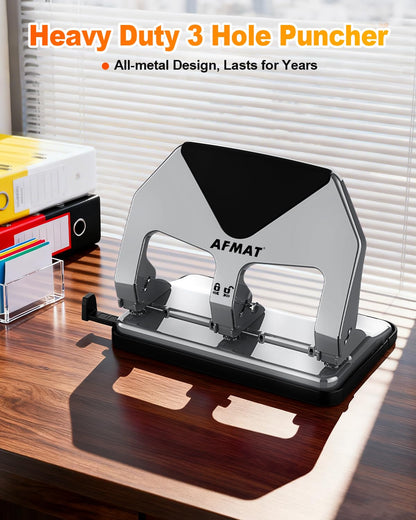 AFMAT HP20 Heavy Duty 3 Hole Punch, 60% Reduced Effort, 50-Sheet 3 Hole Puncher for Binder, 10,000+ Uses