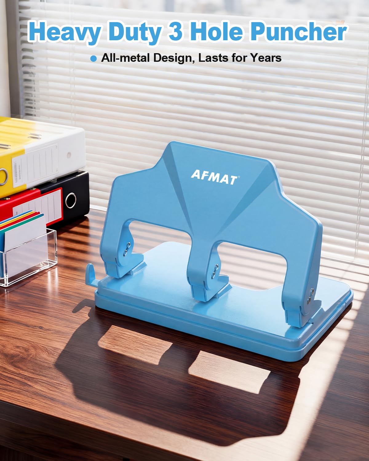 AFMAT 3-Loch-Stanzer, robust, 40-Blatt-Dreilocher, 50 % weniger Kraftaufwand, Metall-Papierstanzer mit großem Chipfach, Modell: HP14 (Schwarz)