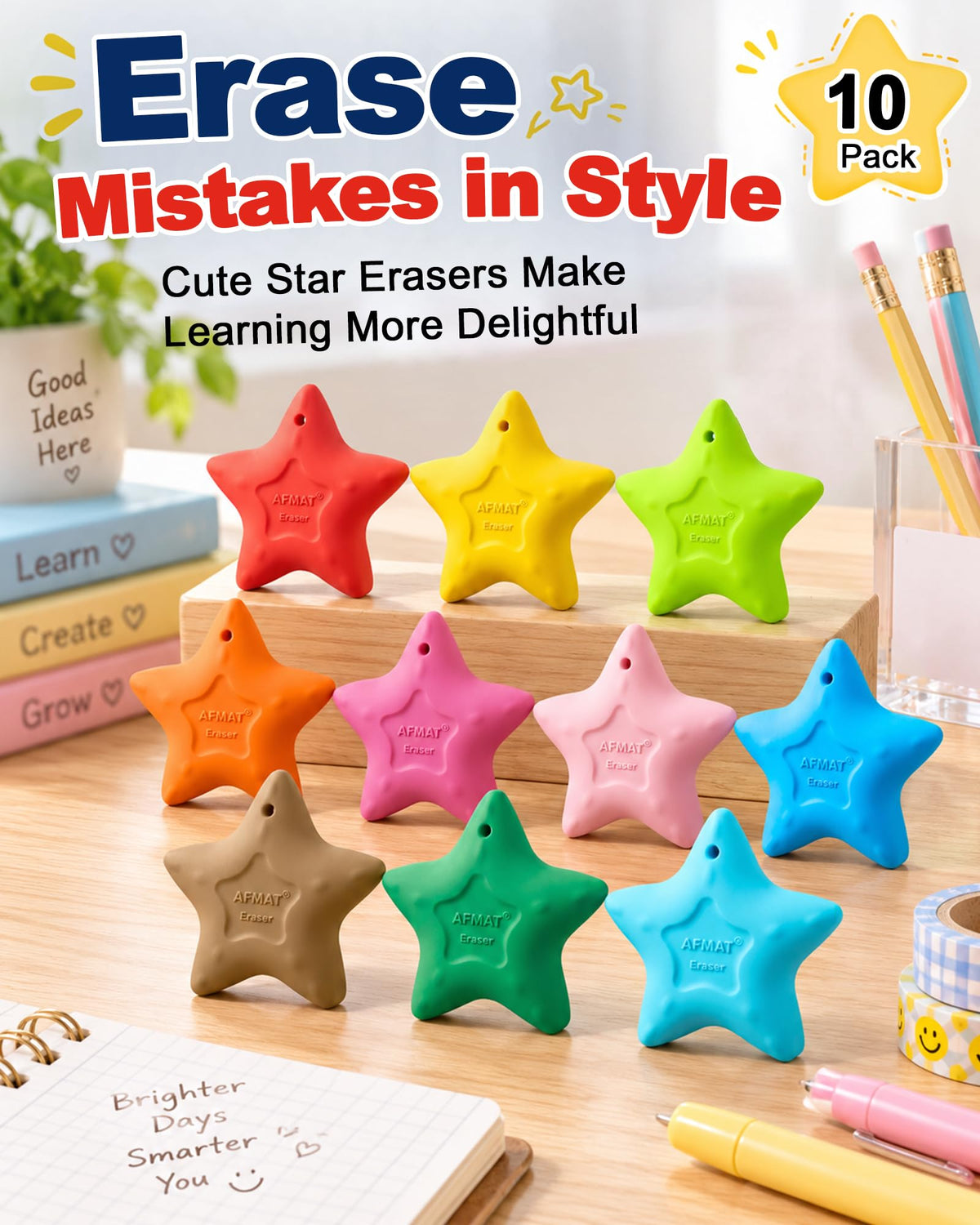 AFMAT PE14 Starfish-Shaped Pencil Erasers, Cute Erasers for Kids, 10 Colors